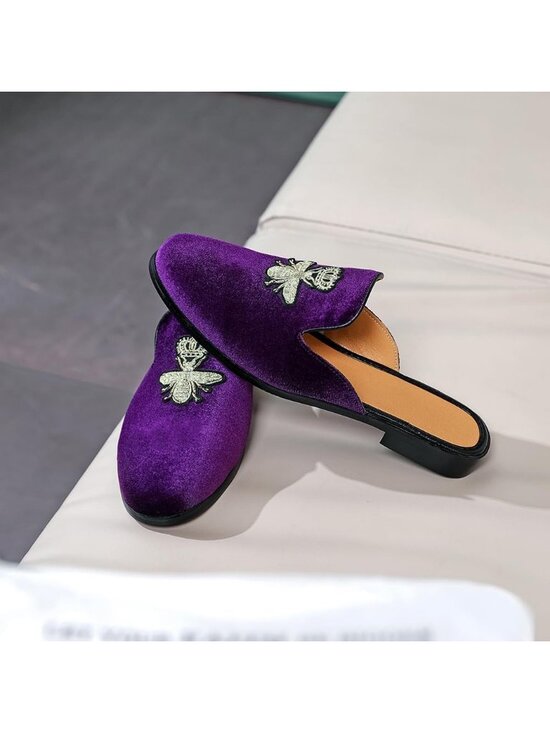 Men\'s Purple Rubber Sole Velvet Leather Crown Embroidery Slip On Loafer Slippers